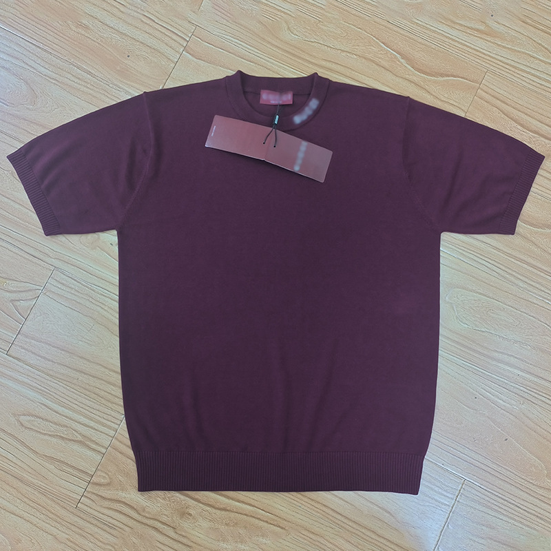 New burgundy round-neck knitted top, summer short-sleeve, mercerized cotton blend