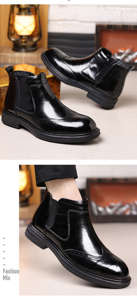 Giày bốt Martin nam da bò thật cổ trung, mũi nhọn, khóa kéo bên hông, gót 3–5 cm — Bốn mùa đen, Lông cừu đen chi tiết 17