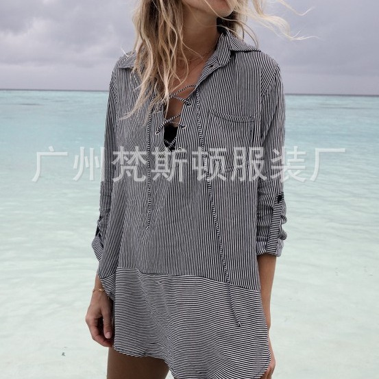 2023 cross-border printed striped chest strap beach anti-DDoS shirt seaside vacation bikini blouse