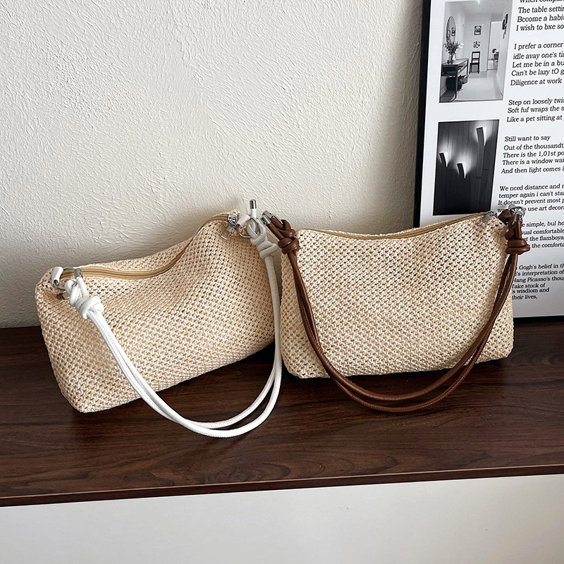 Storage Basket Bag, Rattan Handbag, Woven Shoulder Bag, Handmade Natural Rattan & Seagrass, Leather Trim, Eco-Friendly, Lightweight, Durable For Daily_voghion.com