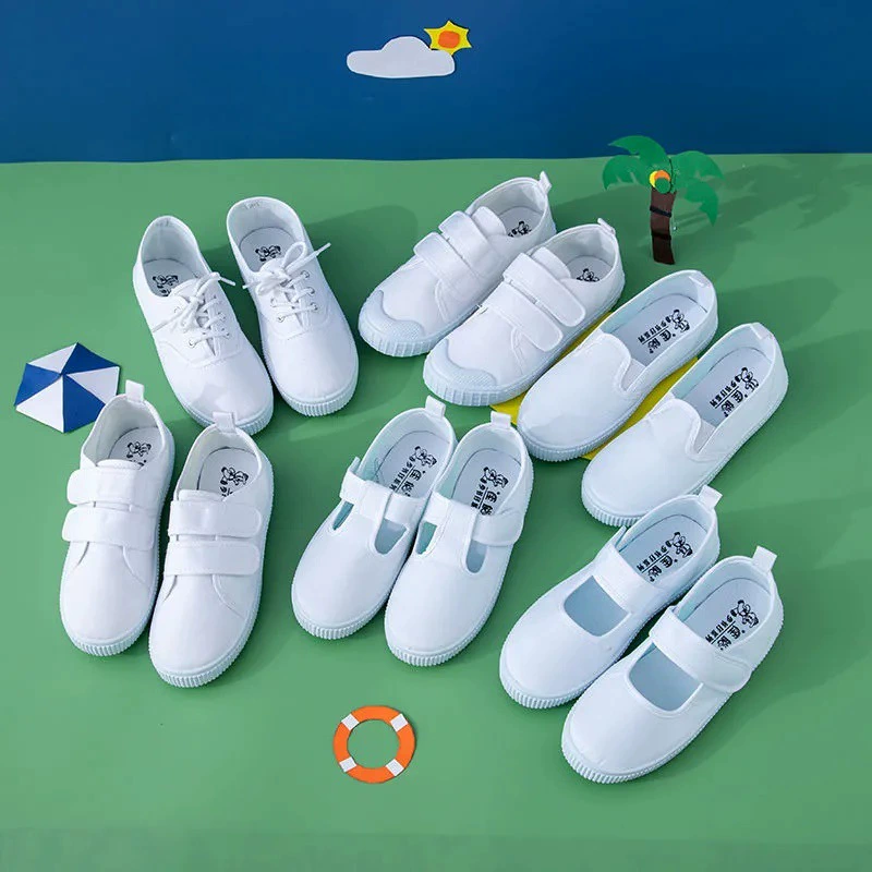 Детская Белая обувь, удобная дышащая парусиновая обувь для учащихся детского сада, весенние спортивные кроссовки без шнуровки для мальчиков и девочек