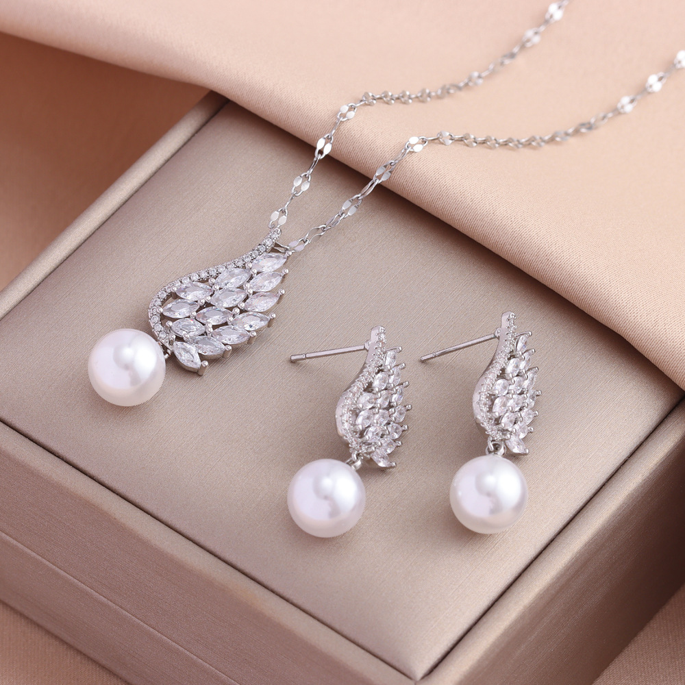 Mode retro temperament silber volle zirkonium feder fransen perle anhänger halskette ohrring set schmuck_voghion.com