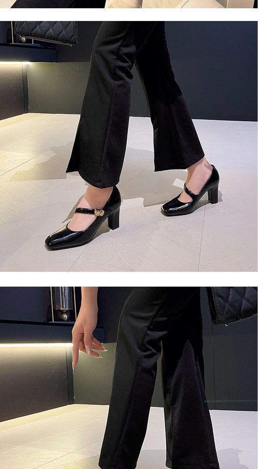 Giày cao gót nữ mũi vuông quai ngang khóa cài gót dày 6–8 cm — Màu trắng nhạt, rượu vang đỏ, đen chi tiết 13