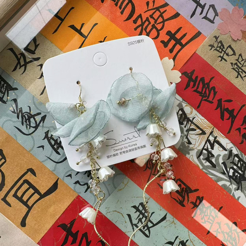 粉色薄纱花朵流苏耳环女款法式度假风长款耳饰独特设计感夸张耳饰|undefined