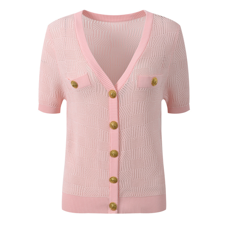 2026 Summer New Fashion Style Versatile Gold Button Hollow Jacquard V-Neck Short-Sleeve Knit Cardigan Top