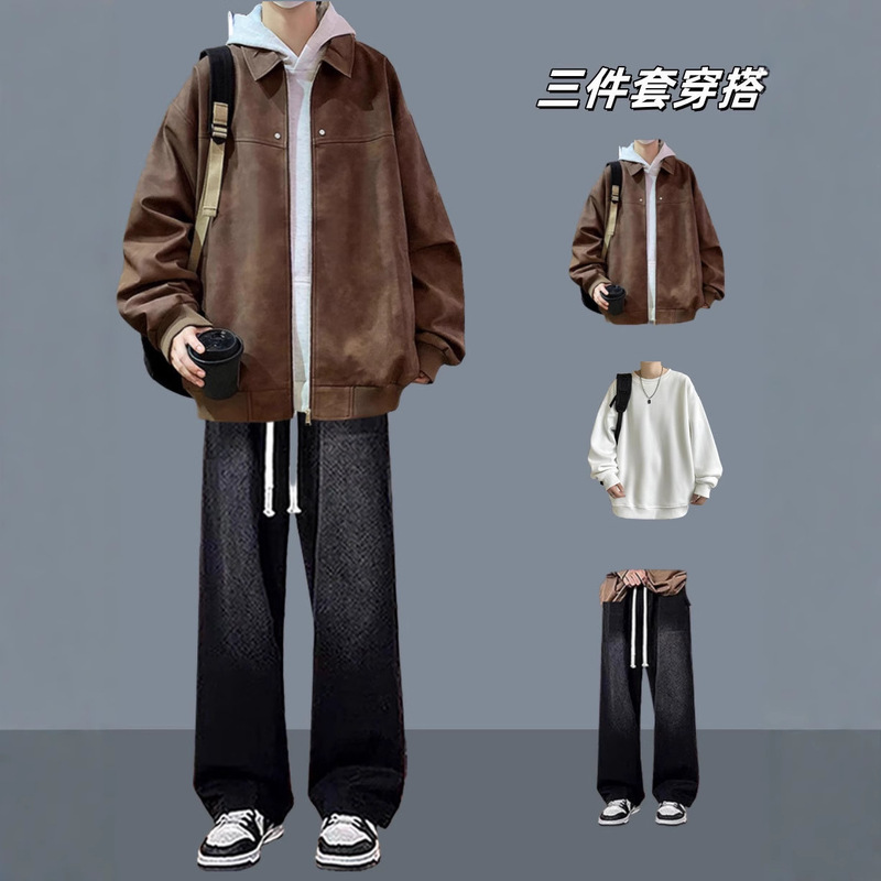 Autumn and Winter Student Pu Leather Maillard Jacket Junior High School Student Jacket Cool and Handsome Suit Boys Casual High-End Wear