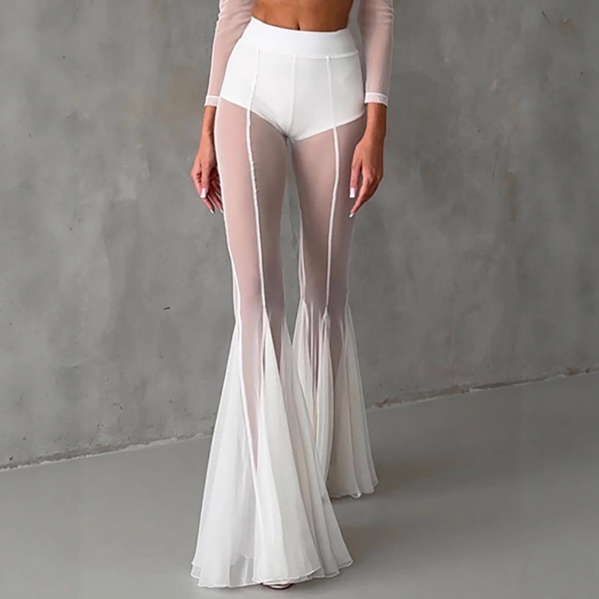 D9559 Amazon Best Selling European and American Clothing Sexy Fashion Elastic Slim Fit Cut Out Transparent Mesh Bell Bottoms