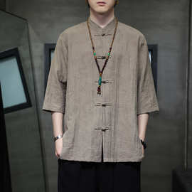 新中式男装复古中国风短袖衬衫男盘扣唐装青年衬衣夏季汉服立领潮