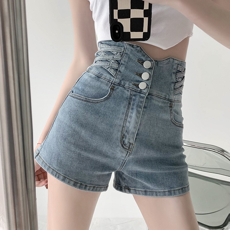 Small High Waist Denim Shorts Women's Summer 2025 New Light Color A- letter Slimming Sweet Spice Girl Design Hot Pants