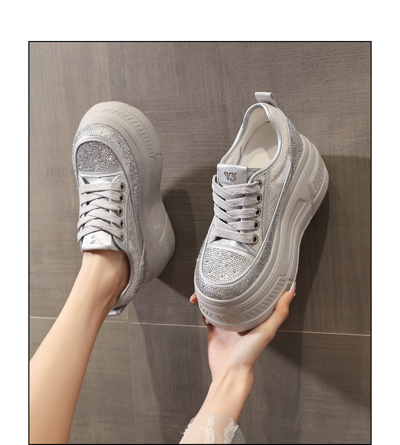 Giày sneaker nữ đế dày tăng chiều cao, phối đá rhinestone trắng, phong cách thể thao — màu trắng chi tiết 14