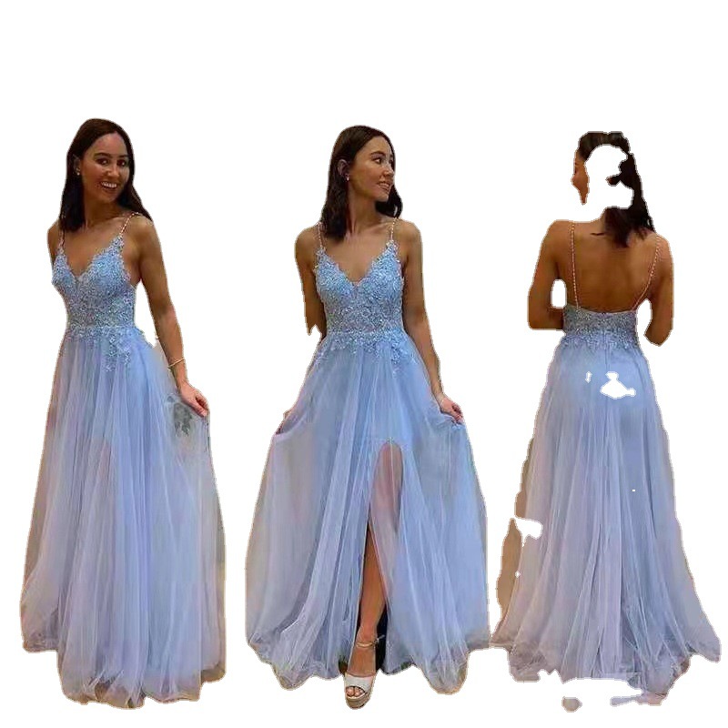 Amazon Comercio exterior luz azul vestido de fiesta de encaje apliques perlas una línea vestido de noche sin espalda