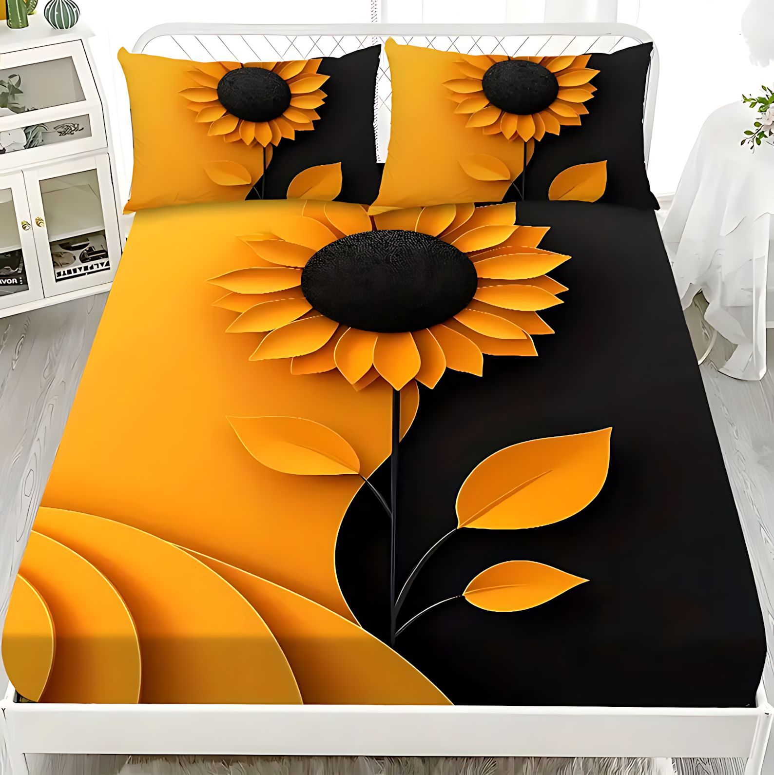 TEMU / JIT transfronterizo brillante girasol HD impresión digital cama suave gaza almohada conjunto de dibujo puede hacer