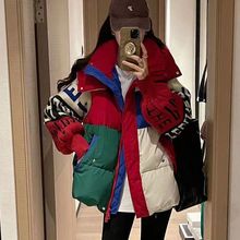 棉衣女冬季新款欧洲站时尚宽松显瘦撞色连帽针织袖字母设计感棉服