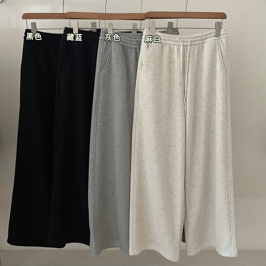 韩国东大门纯色加绒阔腿休闲裤女2025冬季宽松百搭加厚卫裤长裤子