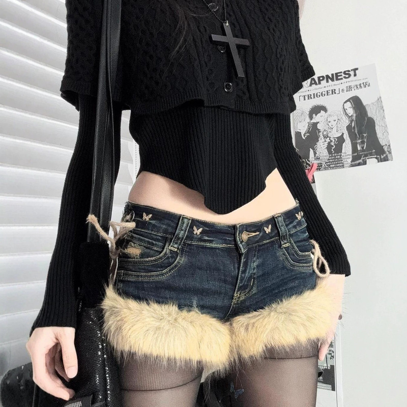 American-style plus-size design with fluffy patchwork denim shorts for women, unique and height-enhancing, with frayed edges and low waist