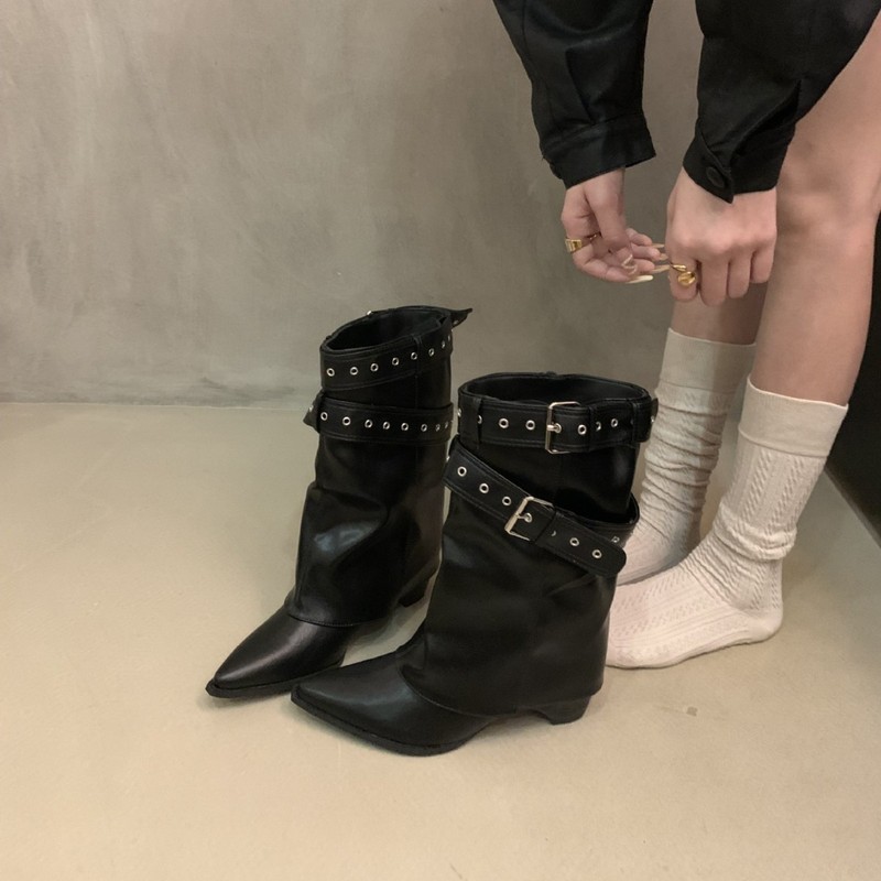 美式辣妹皮带扣裤管靴短筒靴女靴2025早秋新款小众设计短靴西部靴|undefined