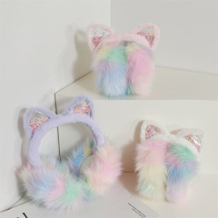 冬のかわいい猫の耳のグラデーションの長い毛のぬいぐるみの耳のカバーの女の子の保温は厚くて折りたたみができます。