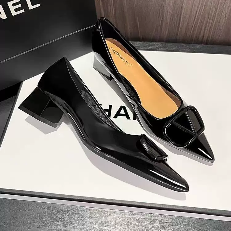 2025秋季新款裸色漆皮通勤浅口名媛配裙子气质金属气质粗跟单鞋女