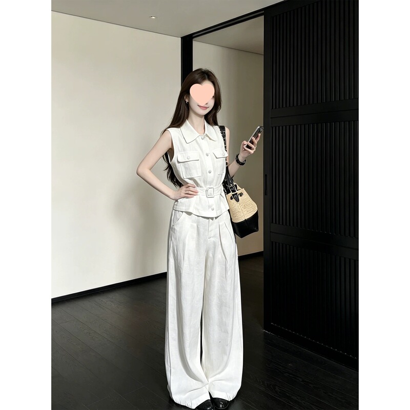 French-Style Elegant Lapel Sleeveless Shirt and Wide-Leg Pants Set for Women, Summer 2026, Waist-Cinching Slimming Cotton-Linen Commuter Two-Piece Set