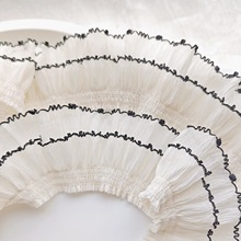 弹力米色双层柔软雪纺打皱黑丝花边服装领口袖口装饰布艺蕾丝辅料