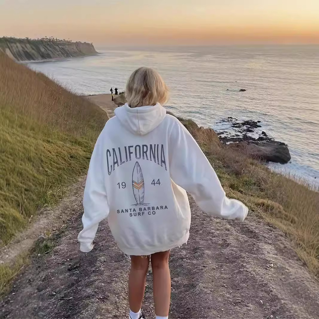California Surf Print Kangaroo Pocket Hoodie Casual Long Sle
