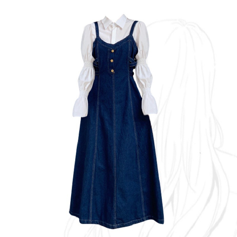 Spring Denim suspenders waist-tight western style design dress new Hepburn style French style skirt suspender pants suit