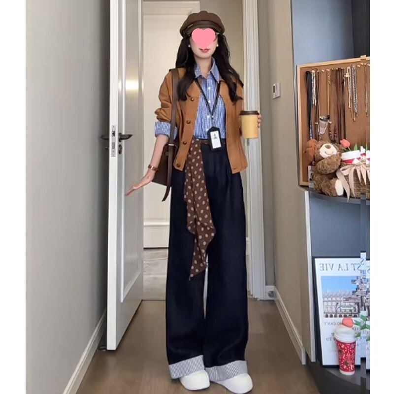纯欲风辣妹套装女2025早秋新款韩系气质长袖外套衬衫阔腿裤三件套|undefined