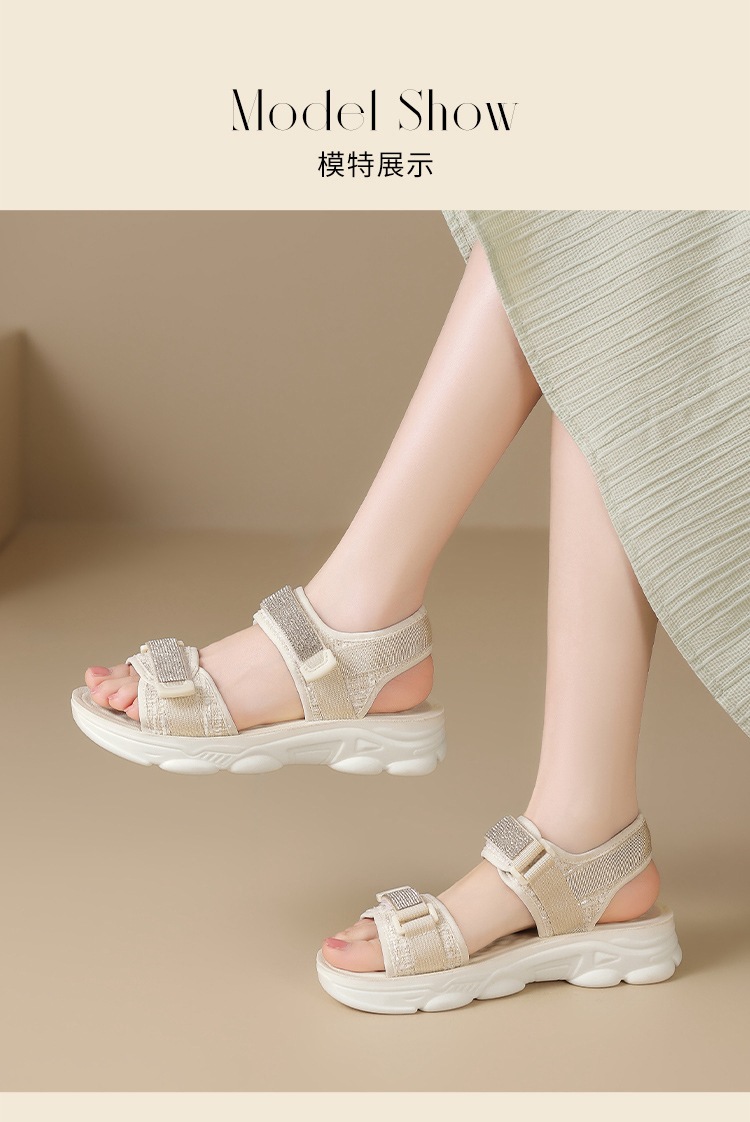 Sandal nữ đế dày quai dán đính đá phong cách thể thao — ES58 Màu be chi tiết 11
