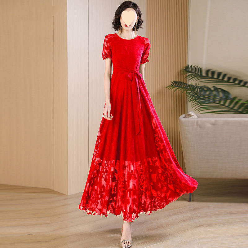 Summer Red Chiffon Dress for Women, Long to the Ankle, 2025 New Style, Extra-Long Formal Occasion Floral Flared Dress