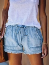 D 46911 Elastic Waist Fringe Denim Shorts ����ţ�ж̿�