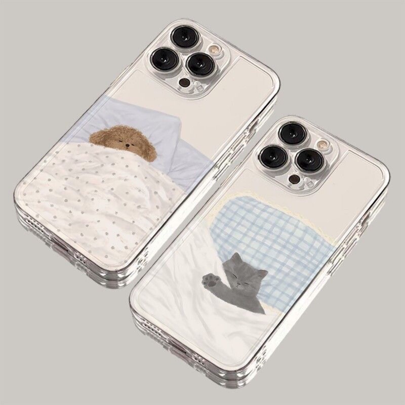 Cartoon Cute Puppy Couple iPhone16ProMax Apple Phone Case 14Plus Transparent 15Pro