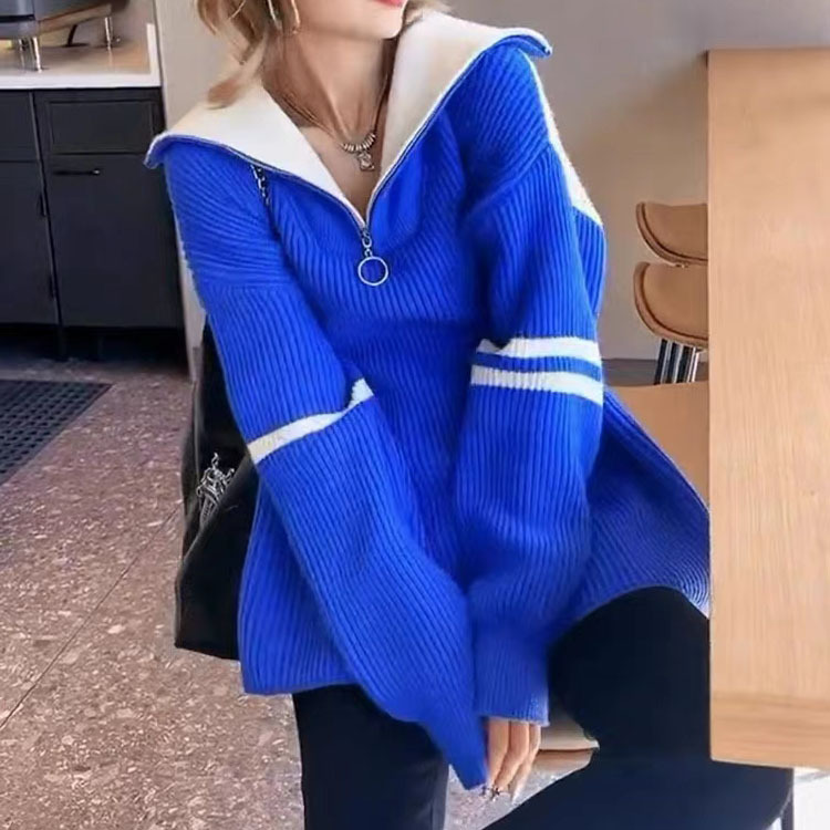 2023 otoño e invierno nuevo estilo japonés contraste color prendas de punto de las mujeres cuello alto manga larga suelta cremallera casual suéter mujeres image 9
