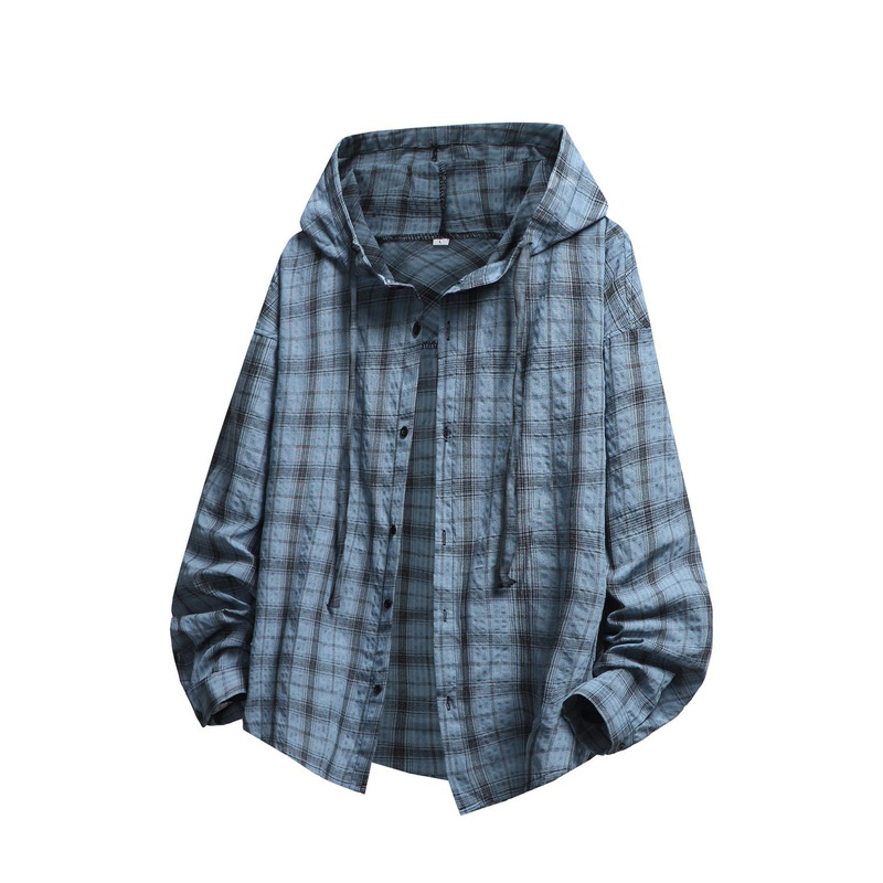 2026 New Summer Style Men's Plaid Sun Protection Shirt, Fashionable Loose Large Size Hooded Casual Sun Protection Skin Clothing for Men