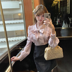 日剧通勤女主 清楚系蝴蝶结上衣+波点半身裙两件套新款小众百搭秋