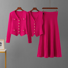 跨境俄罗斯秋冬新款针织开衫半身裙三件套休闲时尚短裙坑条套装女