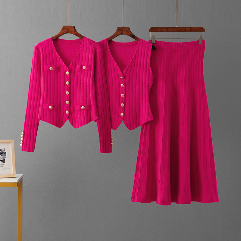 跨境俄罗斯秋冬新款针织开衫半身裙三件套休闲时尚短裙坑条套装女