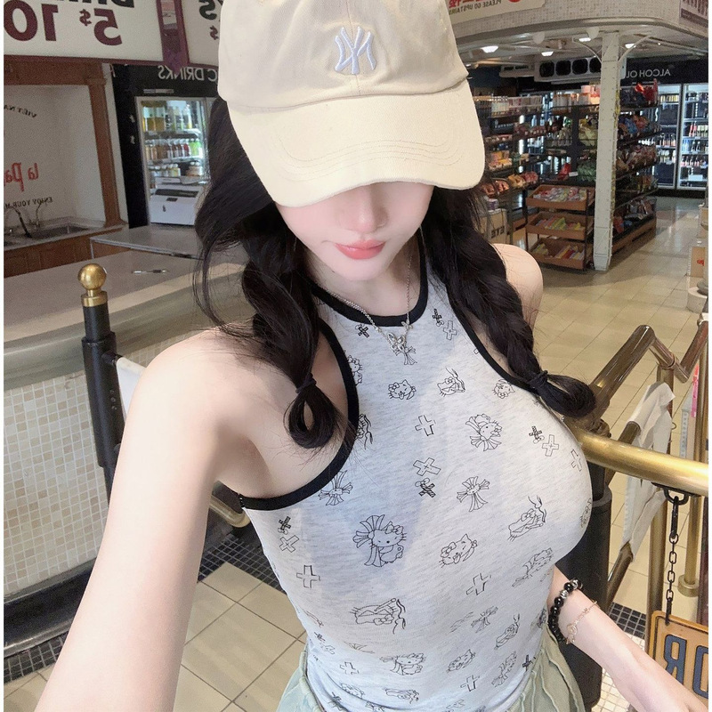 2026 Summer New Sweet and Spicy Style Cartoon Print Halter Neck Tank Top for Women, Slim Fit, Versatile Sleeveless Top