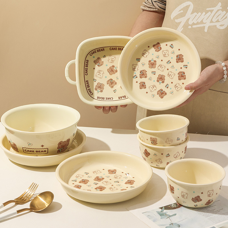 Curing Bear ins Cream Ceramic Tableware Dish Set Household Rice Bowl Bucket Bowl Ear Bowl Plate
