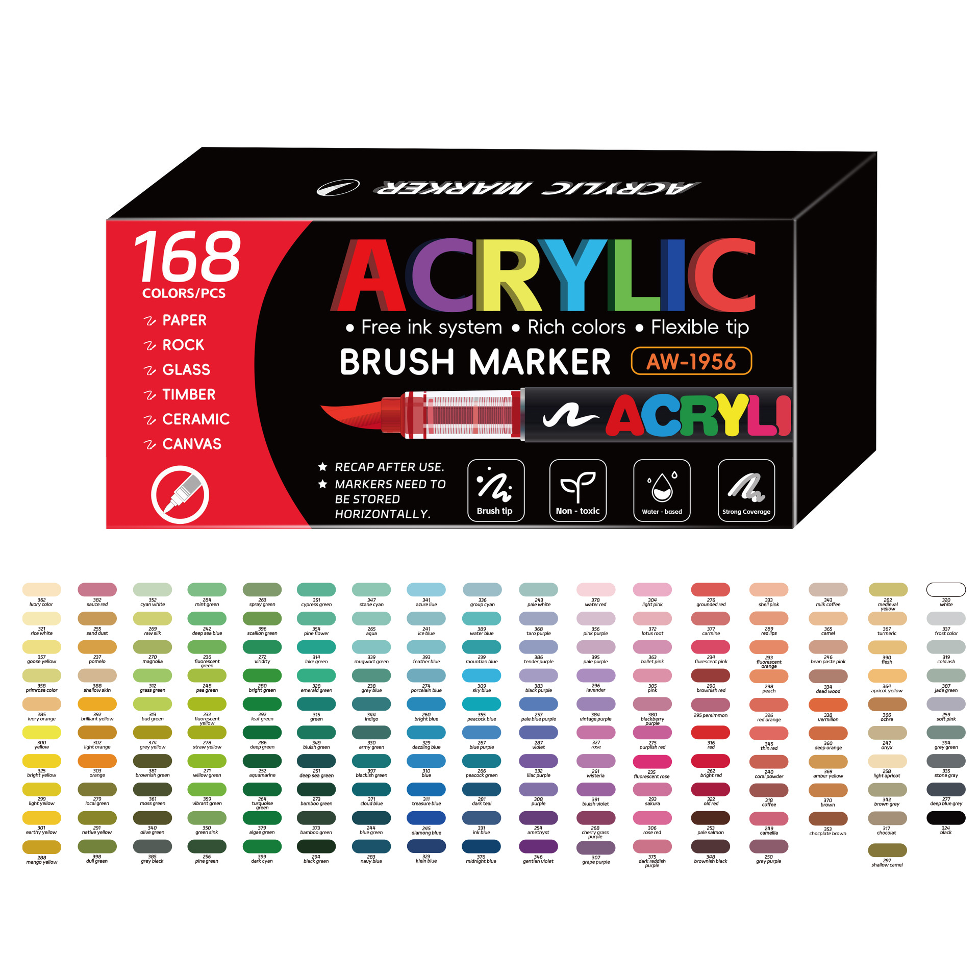 Juego de marcadores acrílicos rectos de cabeza suave Juego de colores grandes de 168 colores Pintura artística Pluma de acuarela de graffiti