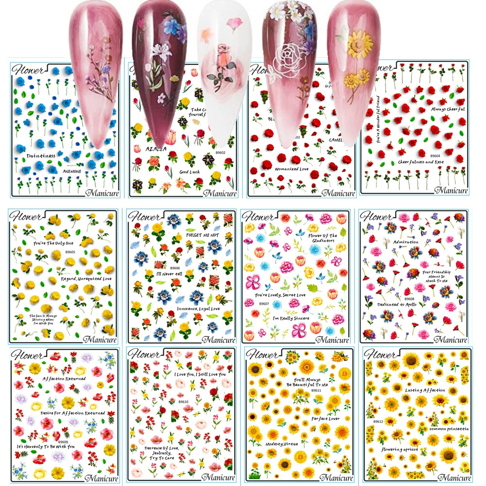 12 костюмов розовый желтый искусственный цветок наклейки для ногтей Подсолнечник роза ручная роспись цветок украшения ногтей наклейки