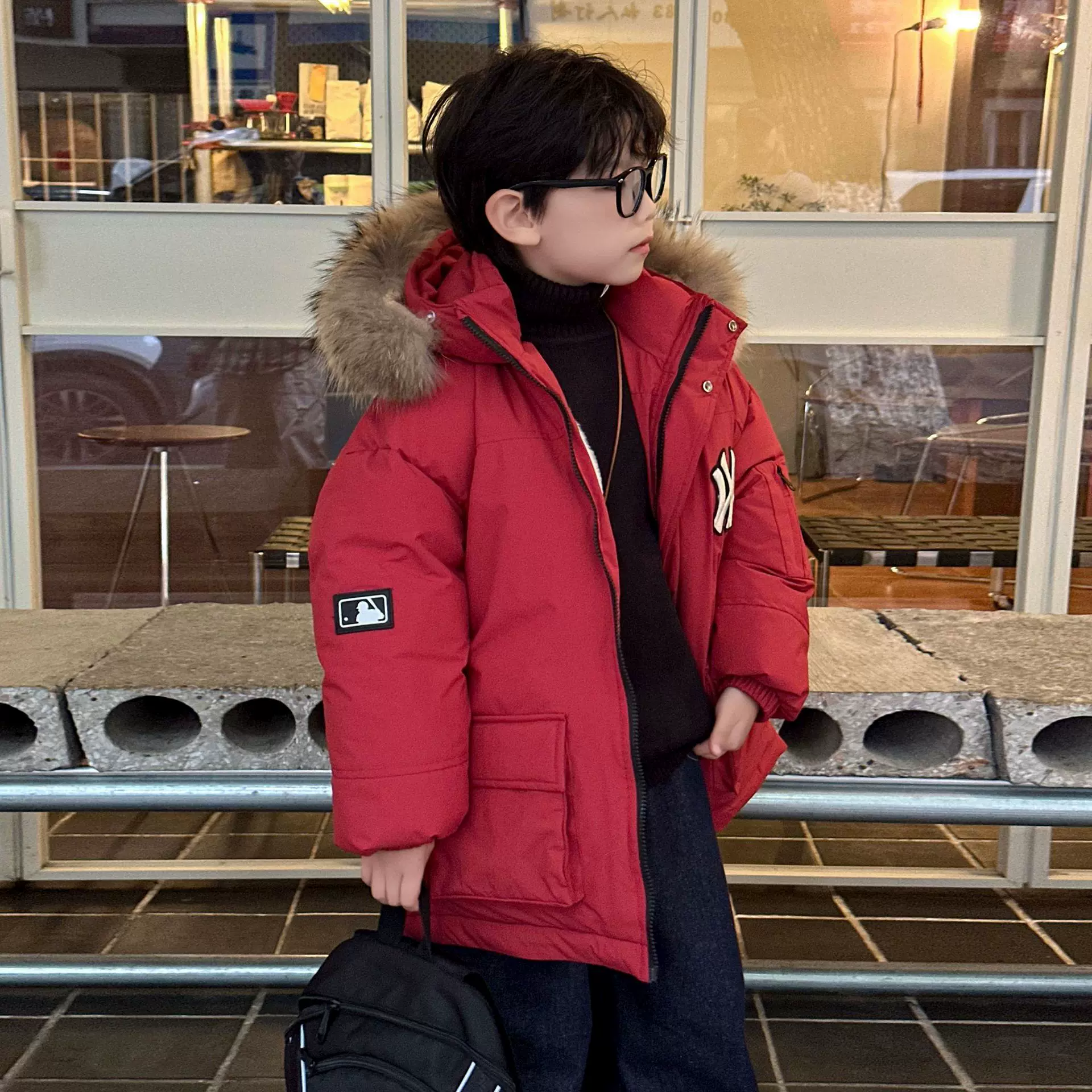 涵芽童装男童棉服2025冬季新款儿童连帽棉衣大毛领加厚保暖棉外套