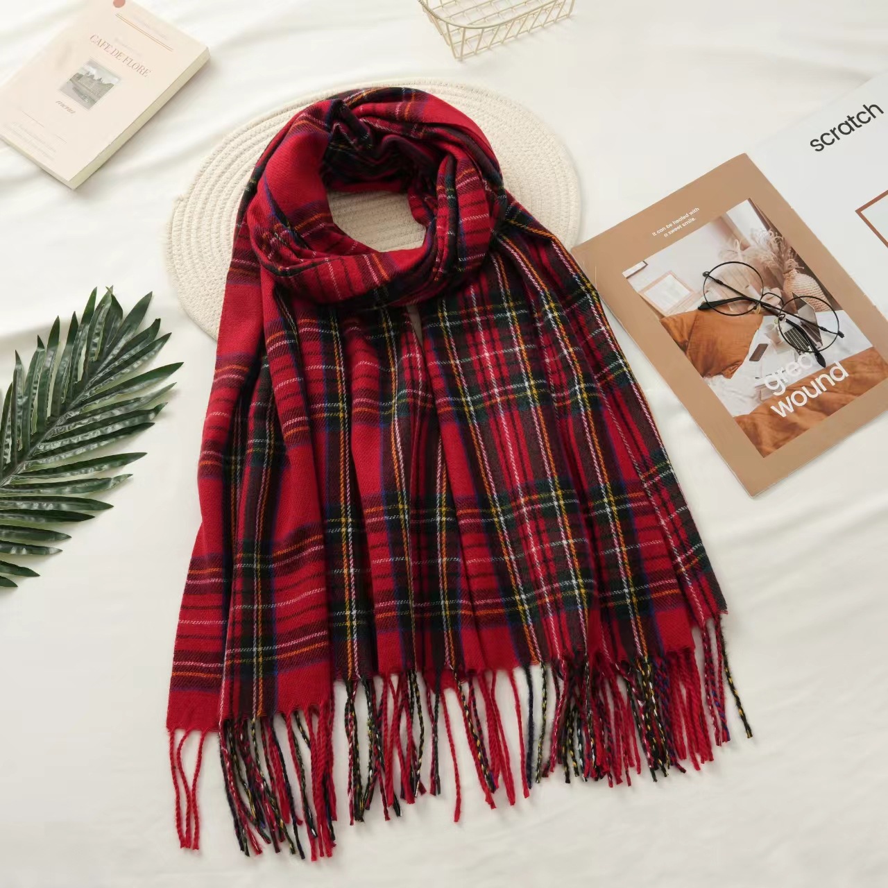 Versión coreana del nuevo producto bufanda a cuadros de cachemira de imitación mujer otoño e invierno bufanda cálida gruesa estudiante bufanda de moda de todo fósforo