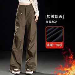 加绒窄版阔腿工装裤女2025秋冬加厚小个子拖地休闲直筒褶皱棉裤