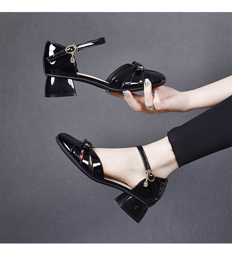 Sandal bít mũi nữ da sáng chế mũi tròn gót thô vừa phải — Màu đen chi tiết 11