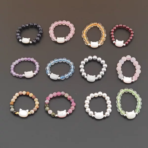 Cat Bead Ring for Women, Black and White Cat Head Index Finger Ring, Trendy and Cute, Versatile Gift for Best Friend