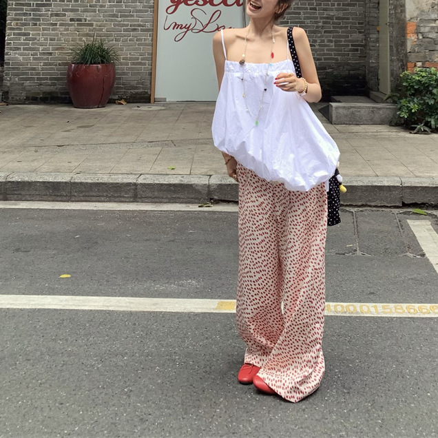 甜美风套装不规则白色花苞吊带背心女夏季碎花阔腿裤休闲裤两件套|undefined