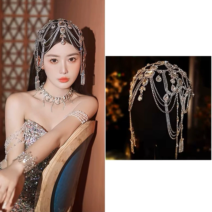 Элитные свадебные украшения для волос и аксессуары, новые товары для трансграничной торговли, экзотический стиль, многослойная сетчатая цепочка для волос с камнями и головной убор оптом