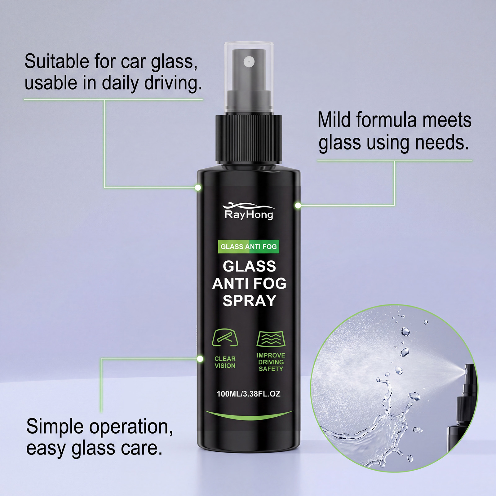 Rayhong Car Glass Anti-Fog Spray, Anti-Fogging Agent for Car Windows, Clear Vision Care Agent for Rearview Mirrors