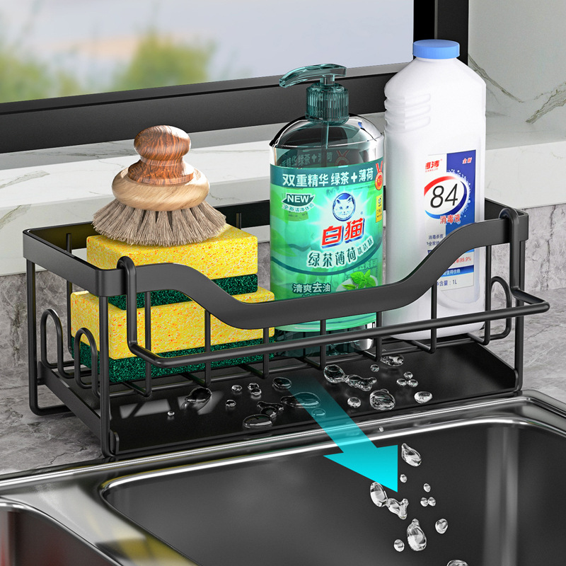 Fábrica esponja paño colgante con bandeja de drenaje automático suministros de fregadero rack de almacenamiento rack lavaplatos rack al por mayor image 3