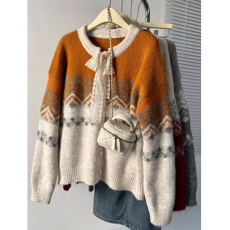 Fair Isle Jacquard Knit Cardigan for Women with Lace Bow, Loose and Soft, Christmas Style Sweater Coat, Vintage Sweater Fair Isle Jacquard Knit Cardigan for Women with Lace Bow, Loose and Soft, Christmas Style Sweater Coat, Vintage Sweater
